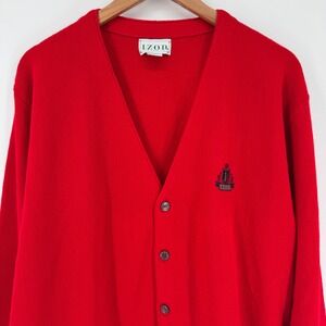 Vintage IZOD‎ Mens Red Cardigan Sweater Embroidered Logo Acrylic Large